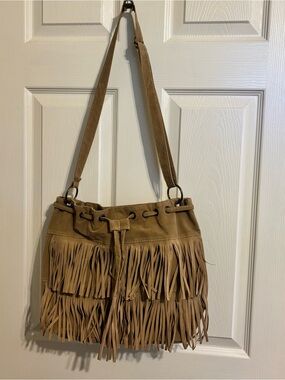 Fringed Faux Suede Shoulder Bag - Taupe